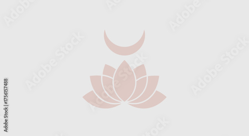 A soft pink lotus flower graphic design with a crescent moon above, on a pale gray background