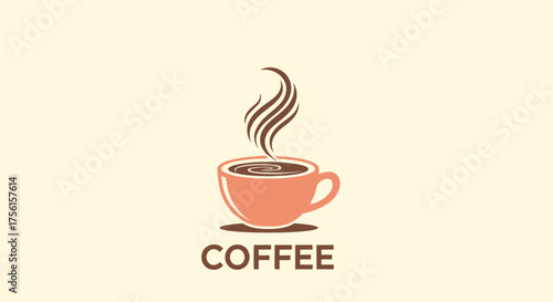 A stylized coffee cup with steam rising, "COFFEE" below, set on a cream background