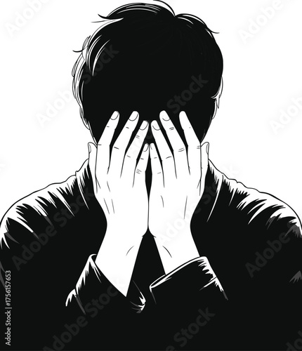 Black and white illustration person covering face, emotional stress sadness concept, hidden emotions artwork, dramatic portrait of anxiety, mental health expression