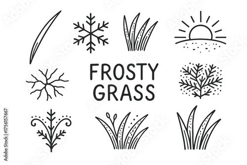 Black outline vector icons of frosty grass and snowflakes arranged symmetrically around the text "frosty grass.