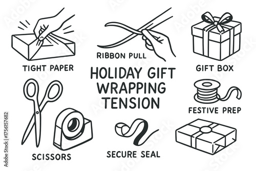 Black and white illustration of various gift wrapping elements including scissors, ribbons, tape, and boxed presents with captions describing holiday gift preparation.