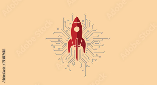 A red rocket is surrounded by a circuit board design against a peach backdrop
