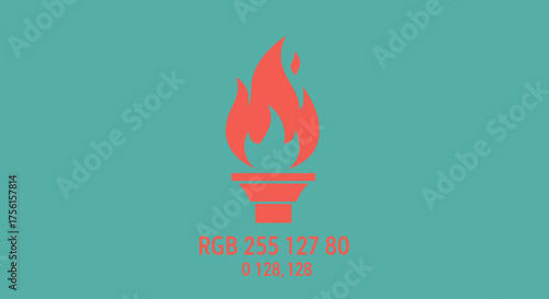 A simplified torch illustration in coral against a teal background, with RGB values