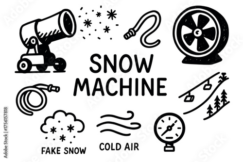 Hand-drawn black outline icons depicting snow machine components, including a fan, hose, pressure gauge, and snowflakes, signifying artificial snow production.