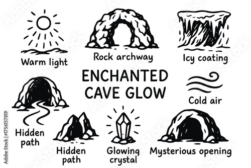 Hand-drawn elements depicting an enchanted cave theme with rock archway, icy coating, glowing crystal, and swirling cold air illustrations.
