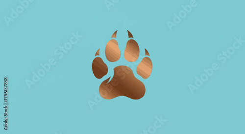 A brown paw print with layered texture is centered on a light blue-green background