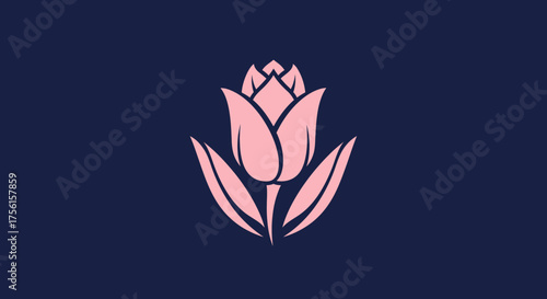 Pink tulip illustration on a navy blue background. Simple, clean design with stylized flower