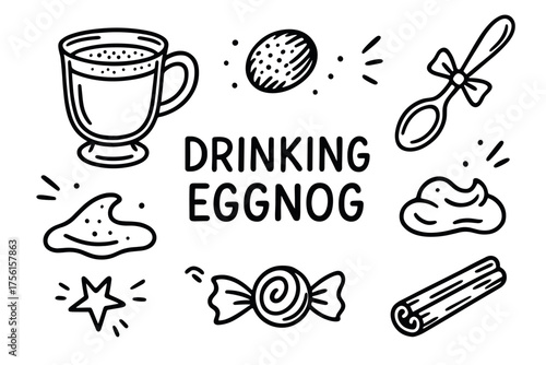 Black outline drawing of a mug filled with eggnog, surrounded by doodles of nutmeg, a spoon, whipped cream, a cinnamon stick, a candy, and a star.