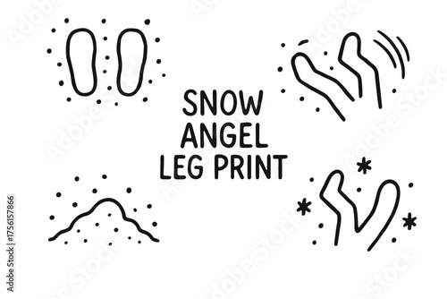 Black outline of snow angel and leg print designs with dotted patterns and playful shapes, capturing the essence of winter fun.
