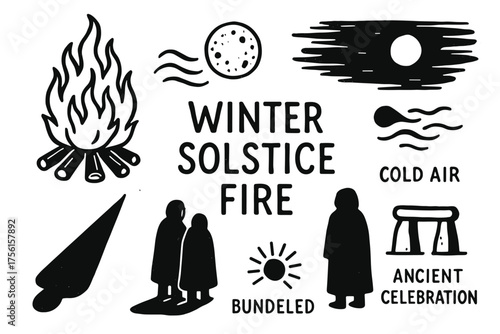 Black and white graphic illustration depicting symbols of winter solstice including a fire, celestial bodies, and abstract figures in warm clothing.
