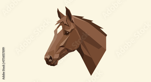 A geometric brown horse head profile against a cream background. Details in angles