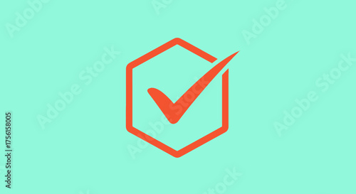 An orange checkmark within a hexagon shape, on a mint-green background
