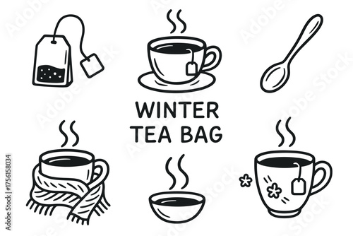 Hand-drawn black outline vector icons of steaming tea cups, a tea bag, spoon, and the text "winter tea bag" with decorative elements.