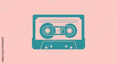 Teal cassette tape graphic on a pink background. Simple, retro, and reminiscent of a bygone era