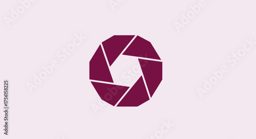 A plum-colored aperture shape within a pale pink rectangle. Geometric, symmetric, and minimalistic