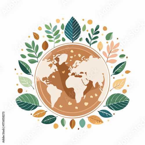 Earth surrounded by leaves and nature elements symbolizing environmental protection and sustainability.