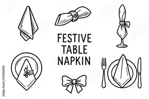 Black outline vector icons of various festive table napkins, including folded napkin styles and decorative elements like holly and bows.