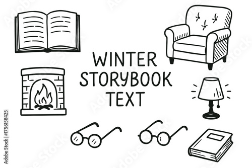 Hand-drawn black and white illustration of winter-themed storybook elements including a chair, fireplace, book, lamp, and glasses.