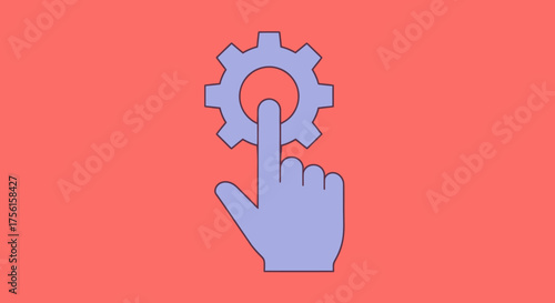 A hand icon presses a gear on a red background. Minimalist, digital graphic