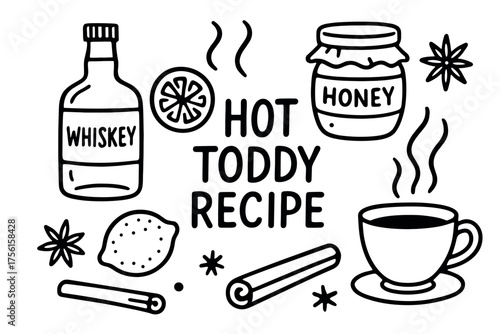 Black outline vector icon of a hot toddy recipe featuring whiskey, honey, a steaming cup, lemon, cinnamon sticks, and star anise.