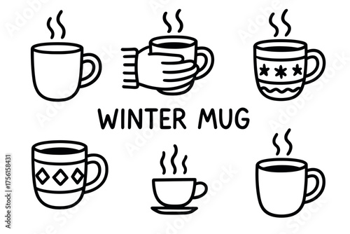 Black outline icons of steaming mugs and tea cups with various decorative designs symbolizing winter comfort.