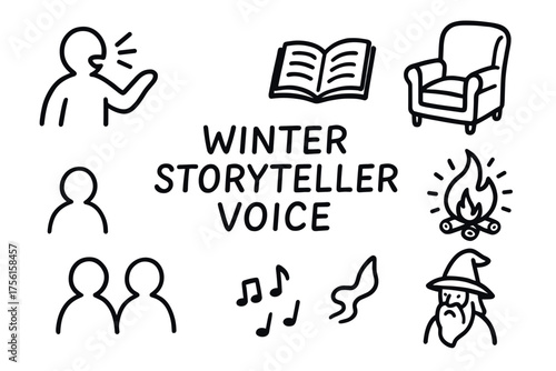 Black outline icons depicting a person speaking, an open book, an armchair, a campfire, a musical note, and a wizard hat surrounding the phrase "winter storyteller voice.