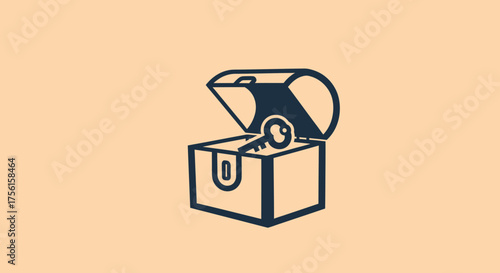 A dark blue outlined treasure chest with an open lid, key inside, set against a light beige backdrop