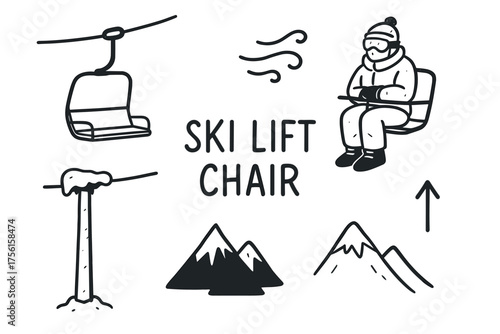 Black and white doodle-style illustrations of a ski lift chair, skier, mountains, lift pole, wind, and directional arrow, evoking a winter sports theme.