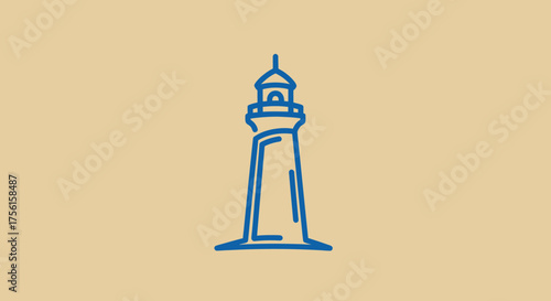 A blue line drawing of a lighthouse on a tan background