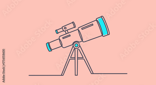 A line-drawn telescope with a light blue eyepiece and trim rests on a tripod