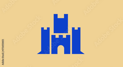 A blue stylized castle with turrets on a cream background, a simple graphic design