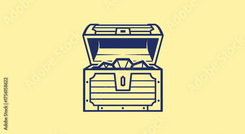 A dark blue-outlined treasure chest, open, with gold inside, against a yellow background