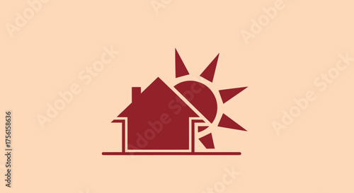 A house silhouette partly obscures a sun graphic, all in red on a tan background