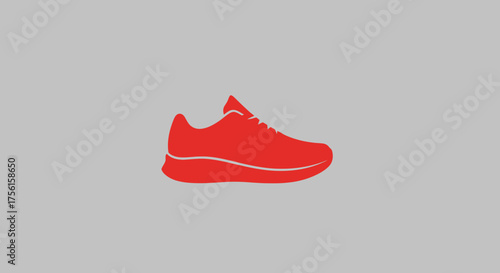 A red running shoe silhouette with white laces sits against a grey background