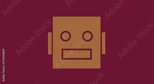 A simple robot face in brown over a maroon background. The head is a square