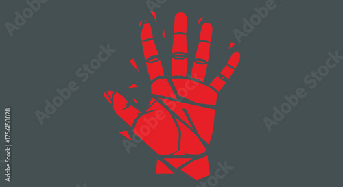 A segmented, red hand with fingers spread, appears shattered on a gray background