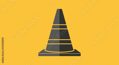 A gray traffic cone with three horizontal bands on a golden-yellow background