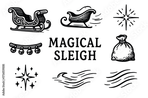 Hand-drawn black and white design elements featuring two stylized sleighs, decorative stars, jingling bells, a flowing sack, and dynamic motion lines.
