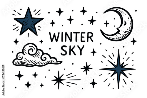 Black and white doodle illustration of a winter night sky featuring stars, a crescent moon, and clouds, with the text "winter sky" in the center.