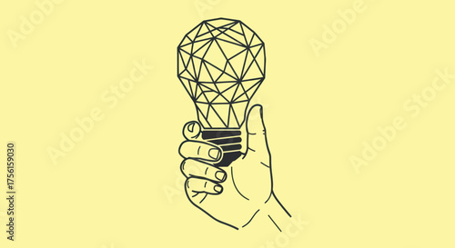 Line drawing of a hand holding a geometric lightbulb. Background is light yellow