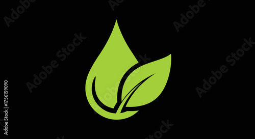 Green leaf and waterdrop logo on a black background, with stylized leaves and drop