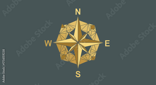 A golden compass rose illustration with geometric features sits on a dark teal background