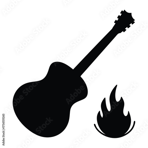 Silhouette of acoustic guitar with flame, symbolizing passionate music or burning sound