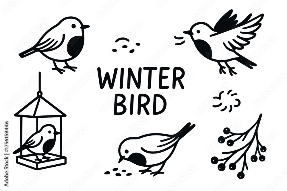 Obraz premium Black outline drawings of birds in various poses around the words 