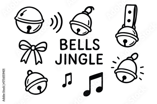 Black outline drawing of various jingle bells and musical notes with the text "bells jingle," accompanied by a ribbon and a bell on a strap.