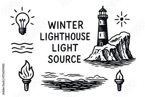 Hand-drawn black and white lighthouse with waves, torch, and lightbulb, depicting various light sources and coastal scenery.