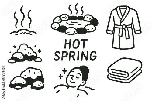 Black and white vector drawings of a steaming hot spring, rocks, a woman relaxing in water, bathrobe, and folded towel, captioned with "hot spring.