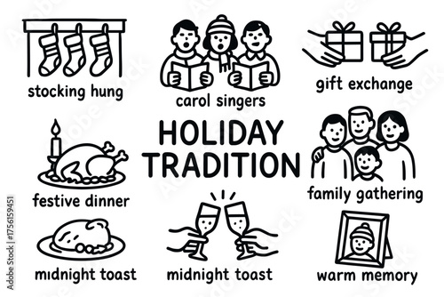 Collection of black and white icons representing various holiday traditions, including carol singers, festive dinner, gift exchange, and family gathering.