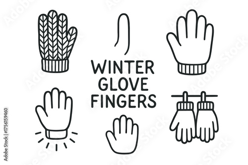A collection of black outline drawings depicting various styles of winter gloves and mittens, each featuring different designs and details.