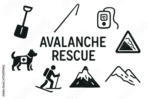 Black outline icons depicting avalanche rescue equipment and symbols, including a shovel, probe, transceiver, rescue dog, skier, and mountain peaks.